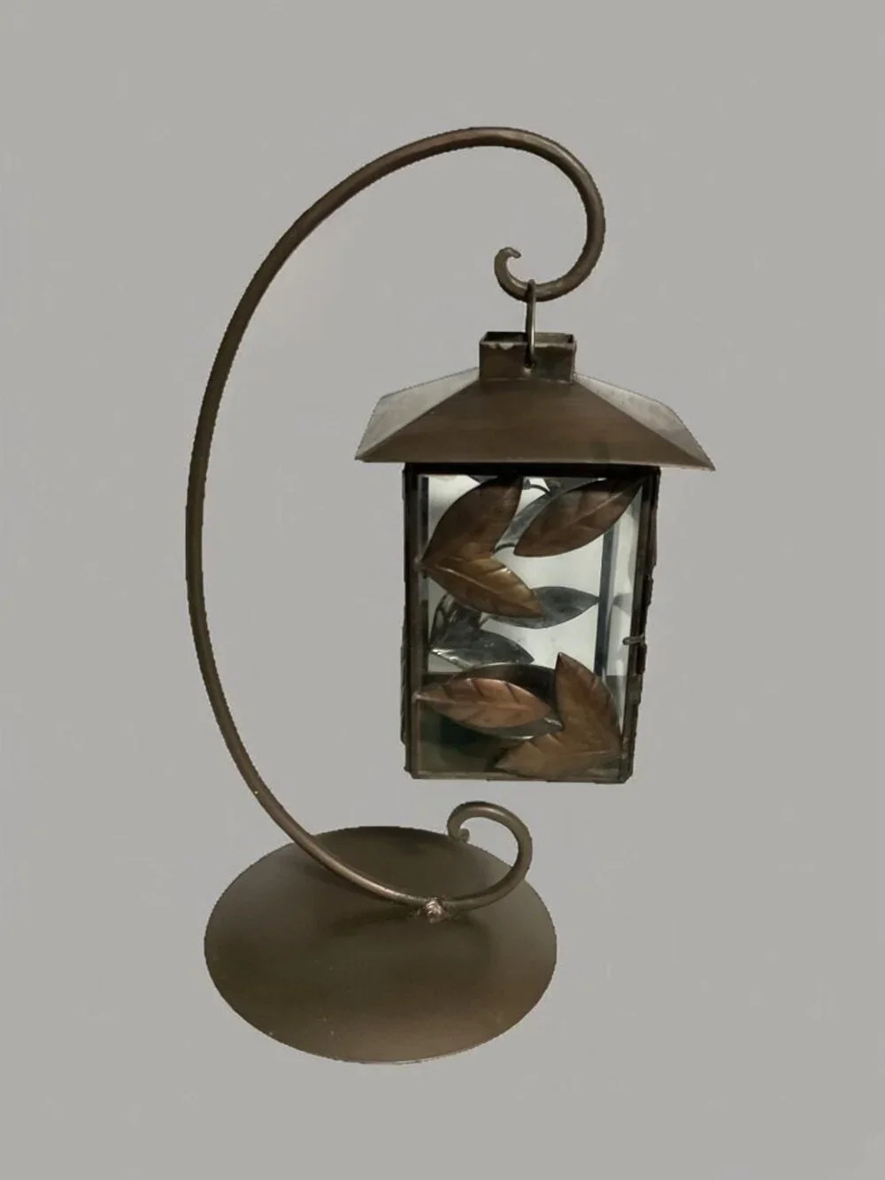 Decorative Lantern With Leaf Design On Stand For Indoor Tabletop Or Shelf Displa